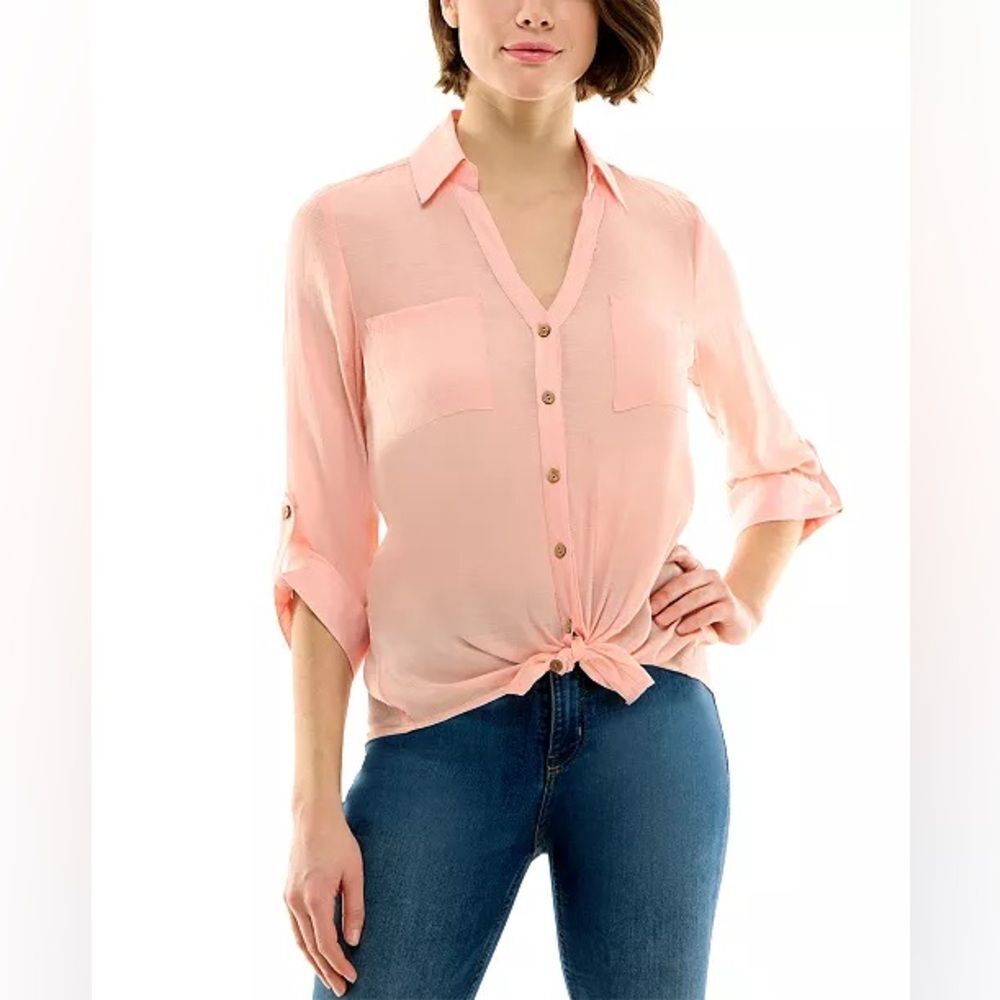 BCX Coral Peach Button Down Utility Top Size Medium Professional Business Casual